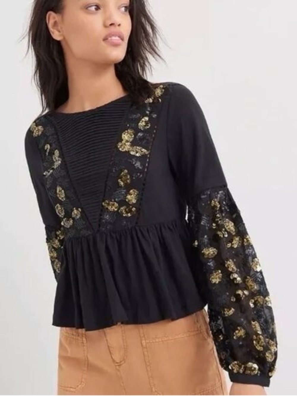 Anthropologie Black Peplum Blouse with Gold Sequin Embellishment